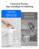 A split image comparing a Waterdrop water filter pitcher with a generic water filter pitcher. The left side shows a hand pressing a button on the Waterdrop pitcher, with text highlighting its speed. The right side shows a woman looking unimpressed with a g Produktbild-Vorschau