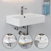 A white rectangular sink mounted on a wall with plumbing underneath. Three circular insets show different mounting options for the sink. Anteprima dell’immagine prodotto
