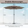 A diagram showing the dimensions of a patio umbrella against a sky and mountain backdrop. Voir les images du produit