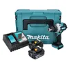 A Makita cordless impact drill kit with two batteries, a charger, and a teal storage case, displayed on a white background. Produktbild-Vorschau