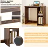 Collage of images showing a wooden desk with shelves, close-ups of its construction, and a detail of its non-slip feet. Produktbild-Vorschau