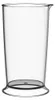A clear, studio shot of an empty, transparent plastic beaker with a wide base and a small spout at the top. Produktbild-Vorschau