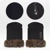 A collage showing two black stroller gloves with brown fur trim, and close-ups of the fabric texture and water resistance. Produktbild-Vorschau