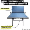 A blue JOOLA indoor table tennis table is shown with text overlays highlighting features. Produktbild-Vorschau