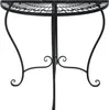 A black metal half-round table with decorative legs and a patterned top, isolated on a white background.