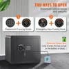 A safe is shown with diagrams illustrating two ways to open it and an external power box. Produktbild-Vorschau
