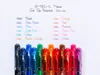 A list of gel ink pen colors with corresponding pens shown below. Produktbild-Vorschau