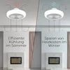 A split image showing a ceiling fan with light in two different modes: cooling in summer and saving heating costs in winter. Text and icons indicate the functions. Produktbild-Vorschau