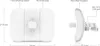 Two views of a white wireless bridge device, with dimensions and feature callouts. Náhľad obrázku produktu