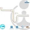 A white plastic sink trap assembly is shown against a white and light gray background. Produktbild-Vorschau