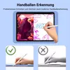 A tablet screen displaying artwork and text, with a hand holding a stylus. Below are two smaller images showing correct and incorrect stylus usage. Produktbild-Vorschau
