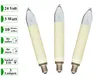Three candle-shaped light bulbs with cream-colored bases are arranged diagonally against a white background. To the left, a list of product specifications is displayed in green boxes. Produktbild-Vorschau