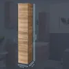 A tall, narrow wooden cabinet with drawers, displayed in a bathroom setting with a sink and dark tiled walls. Produktbild-Vorschau