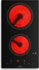 A top-down view of a black electric vitroceramic cooktop with two heating elements glowing red. Produktbild-Vorschau