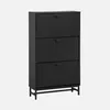 A black shoe cabinet with three ribbed doors and a metal frame, shown against a light gray background. Produktbild-Vorschau