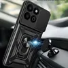 A black phone case with a magnetic ring stand and camera cover is attached to a car's dashboard via a magnetic mount. Produktbild-Vorschau
