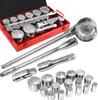 A tool set in a red case, with some tools laid out in front of it. Produktbild-Vorschau