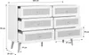 A white dresser with rattan drawer fronts, shown with dimensions indicated. Produktbild-Vorschau