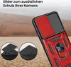 A red and black phone case with a camera slider is shown in a desert-like environment. Produktbild-Vorschau