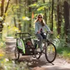 A woman is riding a bicycle with a child trailer on a path through a forest. Produktbild-Vorschau