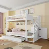 A white bunk bed with stairs, drawers, and shelves in a child's bedroom. Produktbild-Vorschau