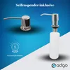 Two chrome soap dispensers are shown against a blue and white gradient background. One is a close-up of the top part, and the other is a full dispenser with a bottle attached. A badge with the number 1 and text 'Hochwertiges Material' is on the left. The b Anteprima dell’immagine prodotto