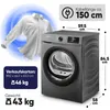 A tumble dryer with product dimensions and weight information, along with an image of a clean shirt. Produktbild-Vorschau