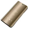 A gold smart view mirror flip case for a Samsung Galaxy A12 is shown on a white background. Produktbild-Vorschau