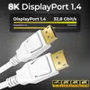 A close-up marketing image of two white DisplayPort cables with gold connectors against a dark gray background, featuring text and graphics highlighting the product's capabilities. Produktbild-Vorschau