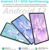 Three tablets are displayed at an angle, showcasing their screens with abstract colorful wallpapers. Text overlays describe features and certifications. Produktbild-Vorschau