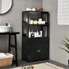 A black storage cabinet with shelves, a drawer, and a cabinet with two doors, shown in a bathroom setting. Podgląd zdjęcia produktu