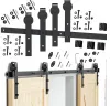 A set of barn door hardware components is laid out on a white background, with a partial view of installed barn doors at the bottom. Produktbild-Vorschau
