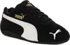 A black Puma Speedcat OG sneaker with white accents and gold branding. Voir les images du produit