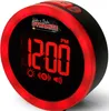 A close-up of a red and black digital alarm clock with a bright red light ring and a digital display showing 12:00 PM. Produktbild-Vorschau
