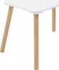 A close-up view of the legs and underside of a white table with wooden legs. Náhled obrázku produktu