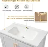 A close-up view of a white ceramic washbasin with a cabinet underneath, featuring marketing text and icons. Voir les images du produit