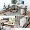 A collage of images showing an L-shaped desk with a computer, books, and a CPU stand, along with close-ups of its features. Produktbild-Vorschau