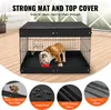 A dog inside a black metal dog crate with a black cover and mat. Several circular graphics with text and images are shown at the bottom. Voir les images du produit