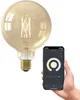 A hand holds a smartphone displaying a smart bulb control app next to a large, decorative smart LED light bulb. Produktbild-Vorschau