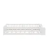 A white wooden bed frame with a slatted base and a partial railing on one side, presented against a white background. Produktbild-Vorschau