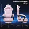 A pink gaming chair is shown from the front and side with dimensions and weight capacity indicated. Náhled obrázku produktu