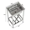 A stainless steel sink with dimensions shown, mounted on a metal stand. Produktbild-Vorschau