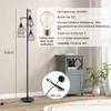A black floor lamp with three conical lampshades is shown next to a grey cabinet. Dimensions and technical specifications are displayed. Produktbild-Vorschau