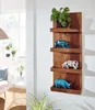 A wooden wall shelf with decorative rhino figures and a plant, in a living room setting. Voir les images du produit