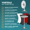 A marketing image showcasing the features of a CASARIA® 2in1 Stehtisch with accompanying text. Produktbild-Vorschau