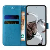 A blue flip cover phone case is shown open, displaying card slots and a banknote. Produktbild-Vorschau