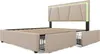 A beige upholstered bed frame with a geometric headboard featuring integrated green LED lighting. The bed frame has two open storage drawers. Produktbild-Vorschau