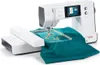A white sewing machine with an embroidery module attached, with teal fabric being embroidered. Produktbild-Vorschau