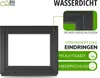 A dark gray window frame is shown with a close-up inset of its corner, highlighting its construction. Text overlays describe its features. Produktbild-Vorschau