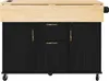 A front view of a black kitchen island with a wooden countertop, shown on a white background. Produktbild-Vorschau